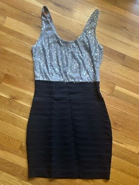 Silver Sequin & Black Bodycon Dress